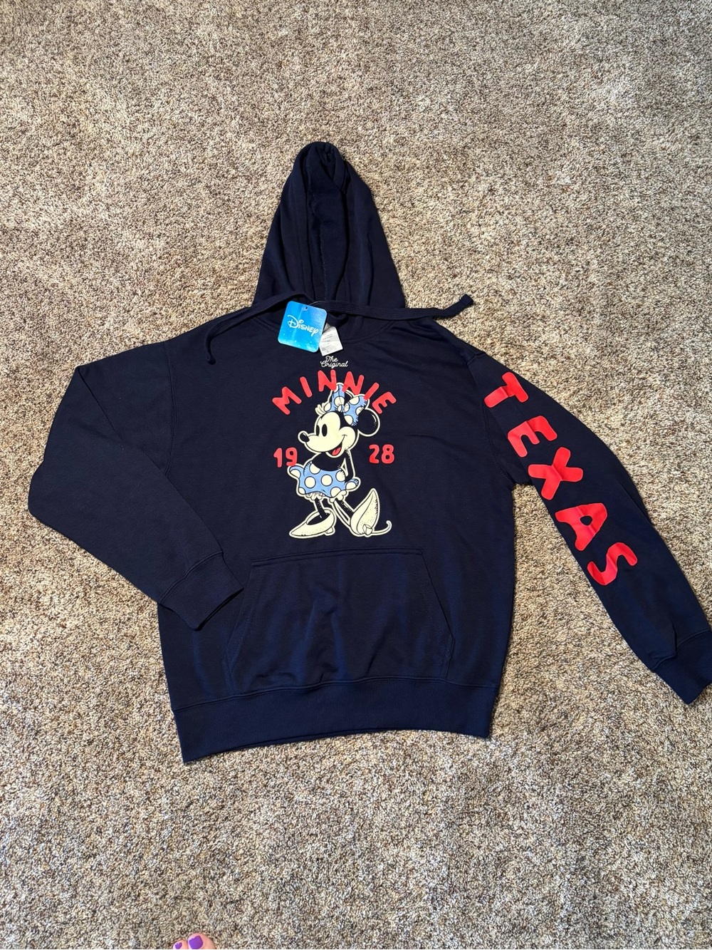 314. Disney Minnie Pullover Hoodie in Navy with Red Sleeve Lettering, NWT